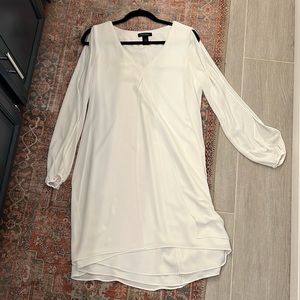 White House Black Market flowy white dress with arm cutouts